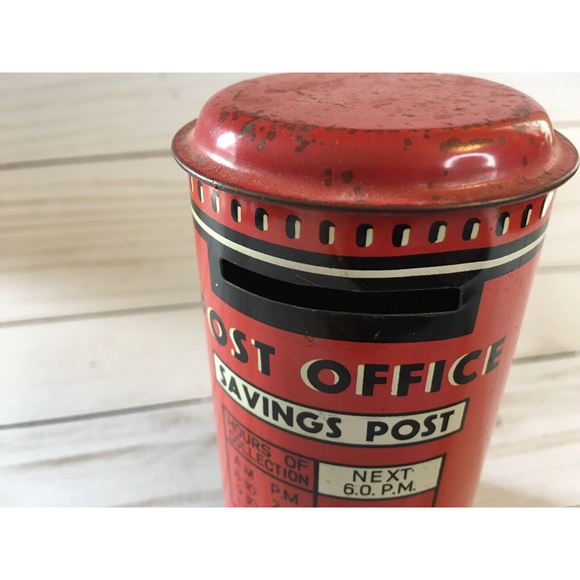 VINTAGE POST OFFICE SAVINGS Tin Can Bank Tin Money Coins - Picture 7 of 8